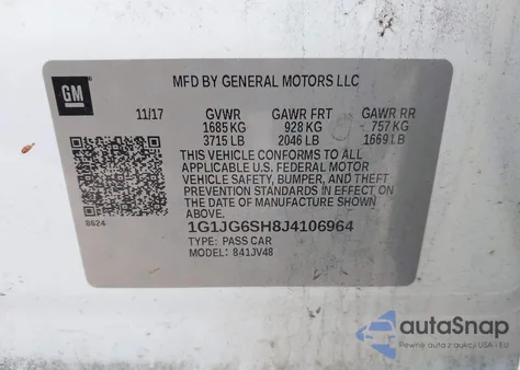 2018 Chevrolet Sonic Lt Auto z USA, uszkodzony, nr VIN 1G1JG6SH8J4106964